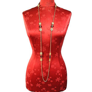 Unique Vintage Necklace Long Flapper Style Single Strand Gold & Red Cased Glass